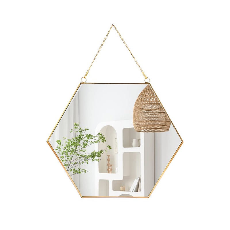 LONGWIN Hanging Wall Hexagon Mirror Decor Gold Geometric Mirror with Chain for Bathroom Bedroom Living Room 9.4"x 8.2" - Image 1